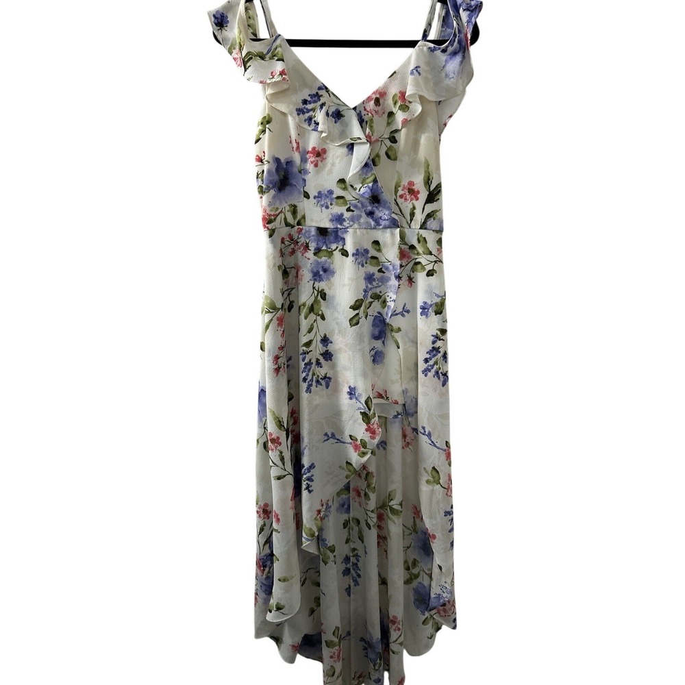 IZ Byer Floral High-Low Dress 5‎ White Ruffle Cold Shoulder Cottagecore Romantic
